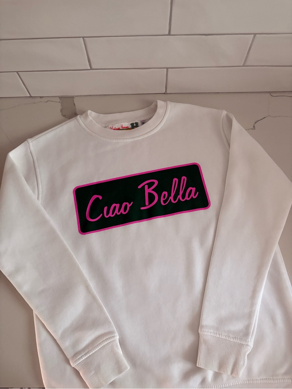 VINTAGE HAVANA White Crewneck with Pink and Green “Ciao Bella”
